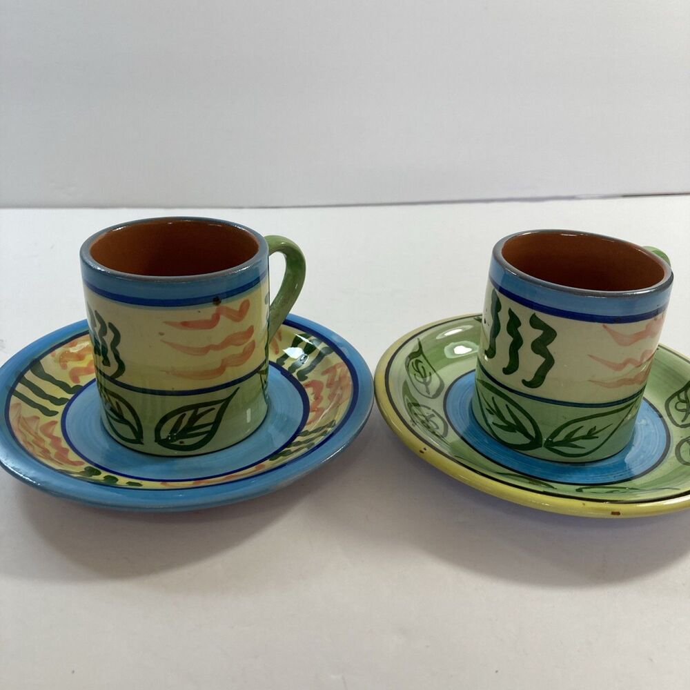 Vintage World Bazaar Inc Hand Painted sm Mug & Saucer 2 1/4" Tall.  4 Pieces